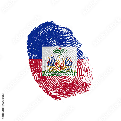 Human finger print in colors of national flag on white background. Haiti