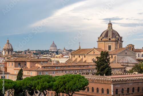 Panoramic view from Victor Emmanuel II monument on Piazza Venezia in Rome (Roma), Lazio, Italy, EU Europe. Skyline of the historical center of Roma with many churches. Architecture, tourism