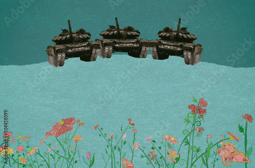 Ilustracja czołgi na polanie pełnej kwiatów.