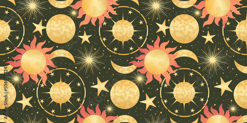 Celestial seamless pattern with sun, moon and stars. Magic astrology in boho vintage style. Mystical pagan golden sun with planets and moon phases. Vector illustration.