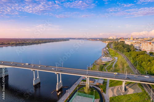 Aerial top view panorama city Perm and Kama river Russia, sunset drone photo