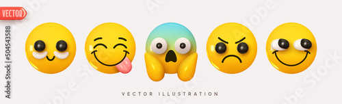 Set Icon Smile Emoji. Realistic Yellow Glossy 3d Emotions face silly smile, cosmetic patches, teasing, screaming in fear, fright, frowning. Pack 20. Vector illustration