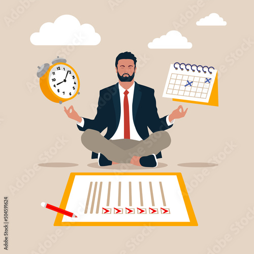 Self discipline or self control to complete work or achieve business target, time management to increase productivity concept, businessman meditate balancing clock and calendar on completed task paper