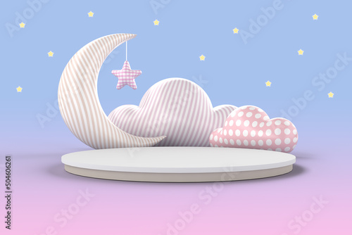 Pastel-colored product display podium for baby and kid on the sky at night. 3D rendering.