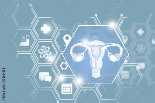 Graphic illustration of Uterus organ marked by hexagon molecule. Healthcare concept background with medical icons.