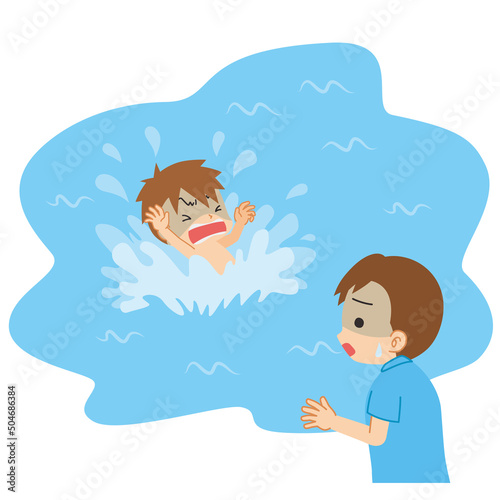 溺れている男の子を見つけて青ざめる若い男性のイラスト 可愛い クリップアート ベクター 白背景