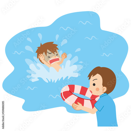溺れている男の子を助けるために浮き輪を投げようとしている若い男性のイラスト 可愛い クリップアート