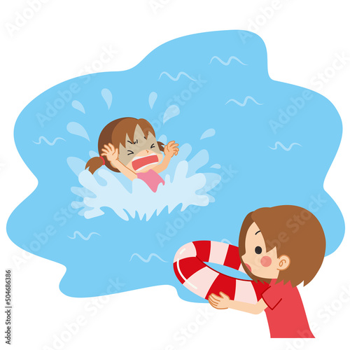 溺れている女の子を助けるために浮き輪を投げようとしている若い女性のイラスト 可愛い クリップアート