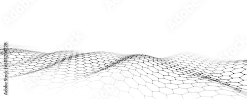 Abstract futuristic hexagon wave with moving dots. Flow of particles. Technology illustration. Vector illustration.