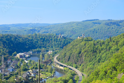 View from the hiking trail Ruppertsklamm to the Lahn and in background the Lahneck Castle and the All Saints' mountains chapel (Allerheiligenbergkapelle), Germany