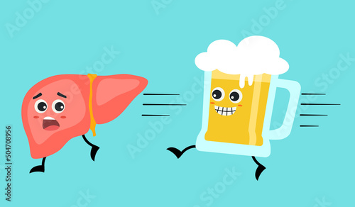 Funny alcohol damage liver character cartoon concept vector illustration. 