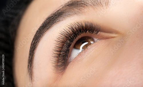 Female eye with extra long false eyelashes, eyelash extension and eyebrow tattoo. Makeup, cosmetics, beauty concept. Close-up