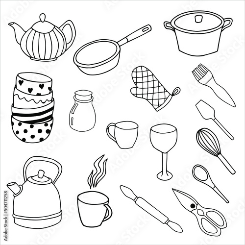 Linear set of dishes, kitchen utensils.Vector illustration.