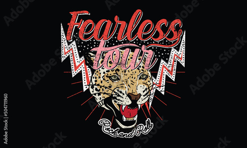 Fearless tour t-shirt design. Leopard rocking vector graphic print design for apparel, stickers, posters, background and others. Rock tour vintage artwork.