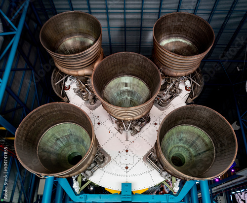 Cape Canaveral, FL - Sep 10 2021: The rocket boosters from the massive Saturn V rocket in the Kennedy Space Center 