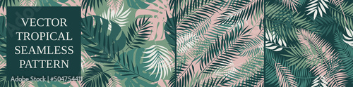 Set 5, Seamless patterns with tropical exotic leaves and plants, vector botany composition in green and pink colors