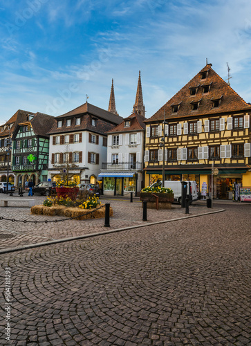 Obernai streets with beautiful historical german architecture colorful houses during spring