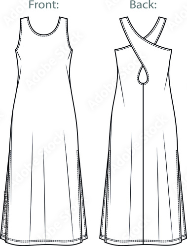 Vector maxi dress with side slits technical drawing, long summer dress fashion CAD, woman sleeveless dress with round neck sketch, template. Jersey or woven fabric dress with front, back view, white