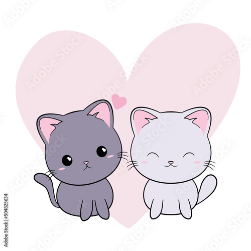 Zakochany kotek. Zabawna ilustracja dwóch kotów. Kot w stylu kawaii. Ilustracja wektorowa na białym tle.