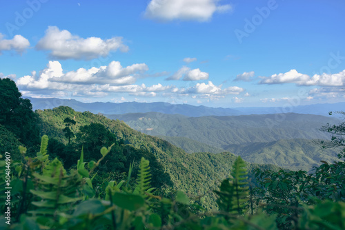 Complex mountain ranges and clear sky on a sunny day from viewpoint 1715, Doi Phu Kha,Pua district,Nan, Thailand