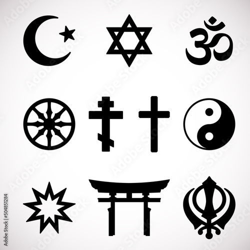 World religion symbols. Signs of major religious groups and religions. Christianity, Islam, Hinduism, Buddhism, Bahaism, Judism, Taoism, Shinto, Sikhism and Judaism, with English labeling.