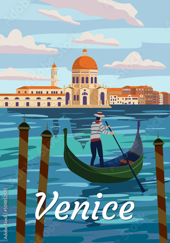 Venice Italia Poster retro style. Grand Canal, gondolier, architecture, vintage card. Vector illustration postcard