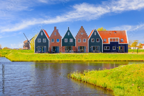 Volendam, Netherlands. Colored houses of marine park in Volendam. North Holland.