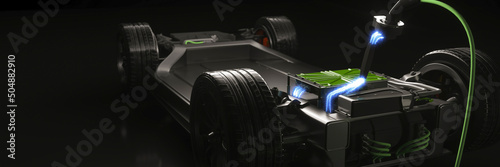 Modern electric car battery chassis being charged with a glow from the electricity 3d render