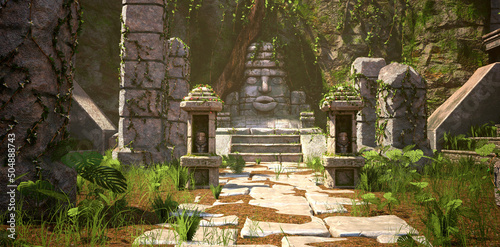 Path of stone slabs to the ancient idol in a sacred Aztec stone temple with green vegetation in a rays of bright summer sun. Beautiful natural wallpaper. 3D illustration.