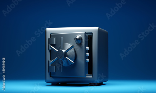 Open metallic, iron, steel safe with padlock on navy blue background