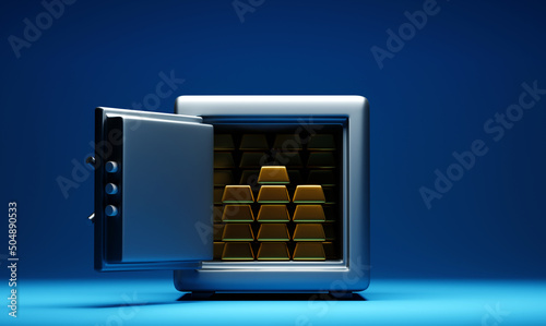 Open metallic, iron, steel safe with stacks of golden bars, money or deposit