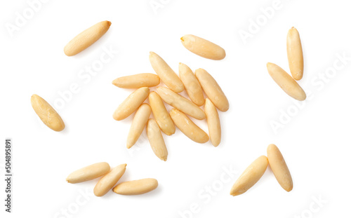 Shelled European pine nuts isolated on white background, top view.
