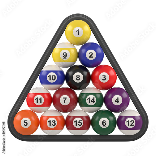 Group of colorful glossy pool game balls with numbers inside billiards triangle isolated on white background. Set of pool-balls. 3D rendering 3D illustration