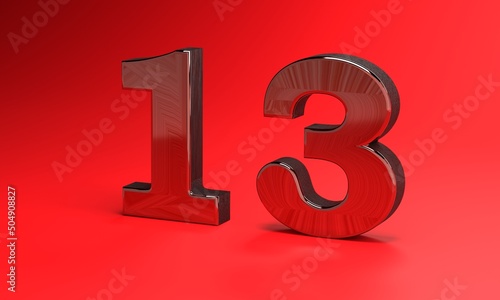 number 13 made of steel on a red background. 3D render.