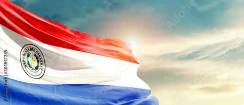 Paraguay national flag cloth fabric waving on the sky - Image