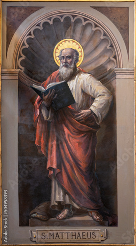 BARI, ITALY - MARCH 3, 2022: The fresco of St. Matthew the evangelist in the church Chiesa San Ferdinando by Nicola Colonna (1862 -1948).