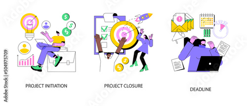 Project lifecycle abstract concept vector illustration set. Project initiation and closure, deadline, documentation, business analysis, stakeholder approval, work time, due date abstract metaphor.
