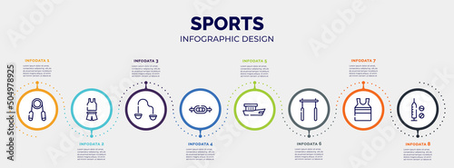infographic for sports concept. vector infographic template with icons and 8 option or steps. included handgrip, sport wear, resistance band, swiss bar, fishing boat, horizontal bar, tanktop, doping