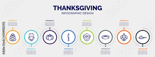infographic for thanksgiving concept. vector infographic template with icons and 8 option or steps. included pine cone, toad, pumpkin, cutlery, maharaja, rugby ball, clown, pan editable vector.