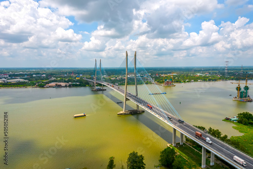My Thuan bridge, Vinh Long city, Vietnam, aerial view. My Thuan bridge is famous bridge in mekong delta, Vietnam.