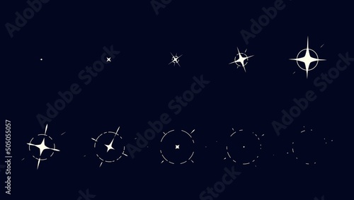 Animated shine effect, animation of blast fx game sprite. Vector star sparkles, magic flash or glitter motion sequence frame sheet. Glow twinkle movement timeline, energy explosion animated effect
