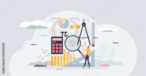 Mathematics as algebra, geometry and physics study tiny person concept. Numbers and equations knowledge with university education learning vector illustration. Formulas and arithmetic science teaching