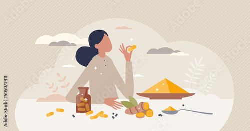 Curcumin supplements and tumeric herb powder or pills tiny person concept. Cumin herbal drugs from yellow natural root plant vector illustration. Alternative medicine with aromatic spice treatment.