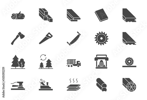 Lumber flat icons. Vector illustration include icon - log, plank, polishing grinder, saw, lumberjack, cutting, carpentry glyph silhouette pictogram for wood cutting. Black color signs