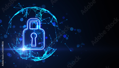 Internet data and security concept with bright digital lock sign in round sphere on abstract dark wallpaper with space for your logo. 3D rendering, mock up