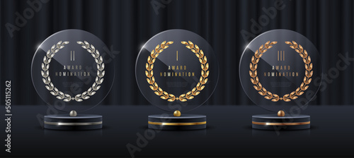 Glass award trophy set.Transparent prize template with golden laurel wreath. Winner first place concept. Vector illustration. 