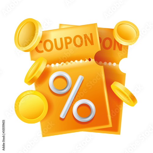 3D coupon, vector gift voucher, yellow discount lucky ticket, special offer promo isolated card, golden coin. Loyalty program certificate, cashback web shopping label, percent sign. 3D coupon clipart
