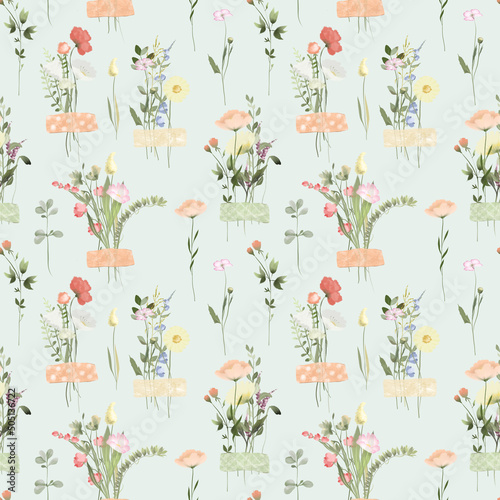 Seamless pattern of watercolor wildflower bouquets on the scotch, summer herbarium, illustrations on a green background