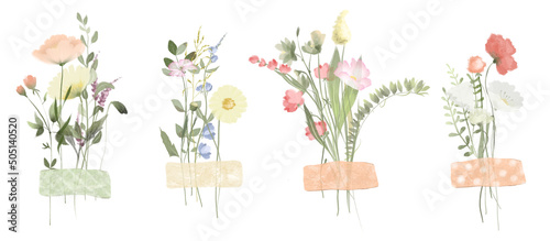 Set of watercolor wildflower bouquets, summer herbarium, isolated illustrations on a white background