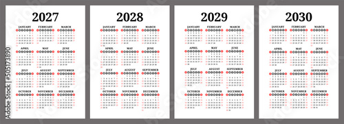 2027, 2028, 2029 and 2030 calendar set. Color vector pocket calender design. Week starts on Sunday. January, February, March, April, May, June, July, August, September, October, November, December